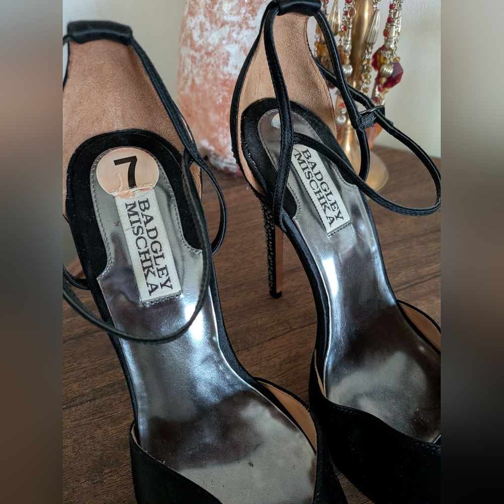 Badgley Mishka Black Satin Peep Toe Rhinestone Stiletto Heels - Picture 4 of 11